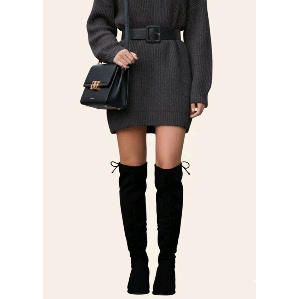 Stuart Weitzman Knee High Boots Size 5 Tall Suede Black Kneezie Tie Back Preppy